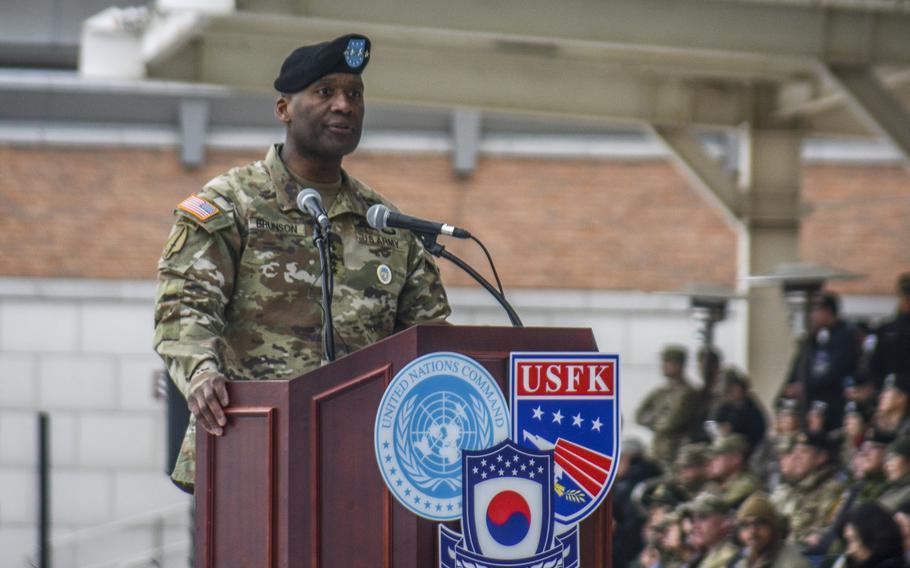 U.S. Army Gen. Xavier Brunson stands at a podium.