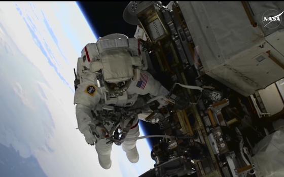 In this image, made from NASA TV, US astronaut Suni Williams works outside the International Space Station during a spacewalk, Thursday, Jan. 30, 2025. (AP Photo/NASA TV)