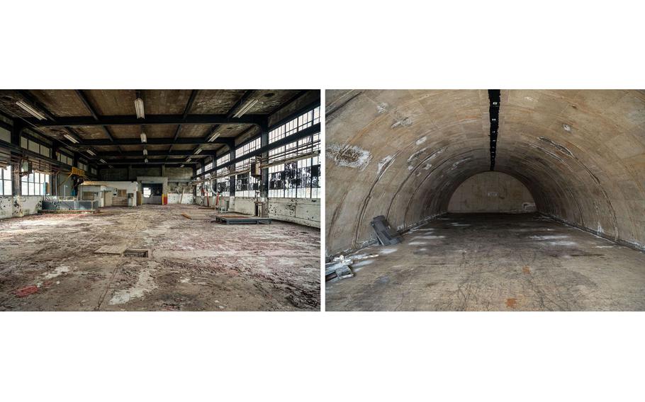 Left: A building where the base’s forklifts used to be serviced will be rehabilitated as the park visitors center. Right: The interior of an ammunition bunker. 