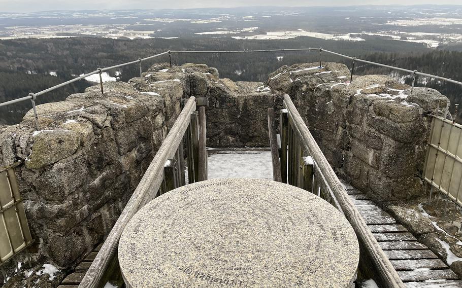 A key tells visitors to the Weissenstein Castle ruins in Waldershof, Germany, what towns and villages they are looking at from atop the renovated tower.