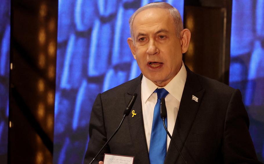 Israeli Prime Minister Benjamin Netanyahu speaks at a ceremony on May 13, 2024. (Gil Cohen-Magen/Pool/AFP via Getty Images/TNS)