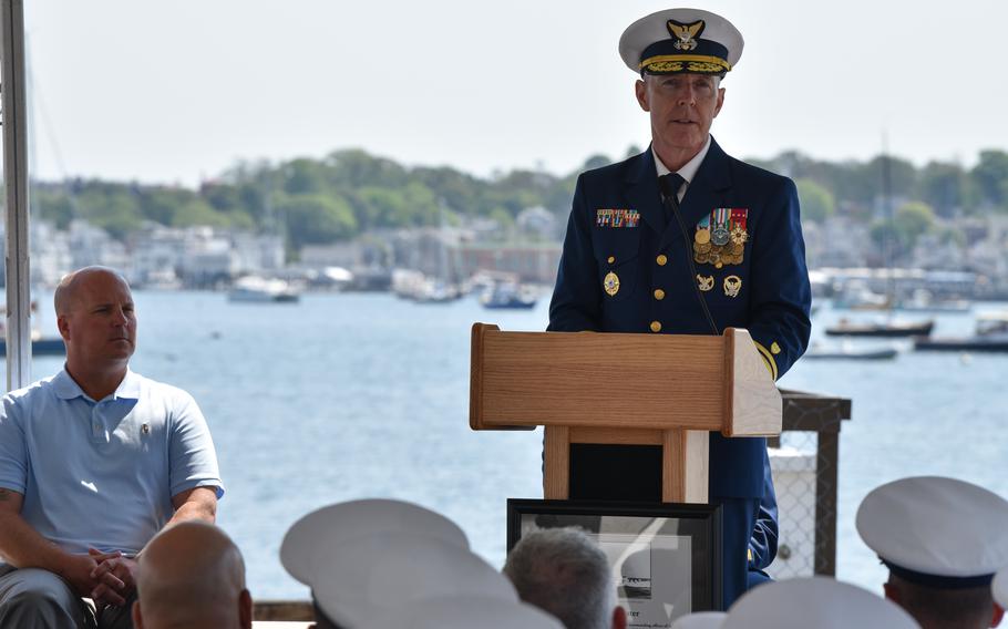 VIce Adm. Kevin Lunday addresses the crowd during the commissioning ceremony of Coast Guard Cutter Maurice Jester in Newport, R.I., June 2, 2023.