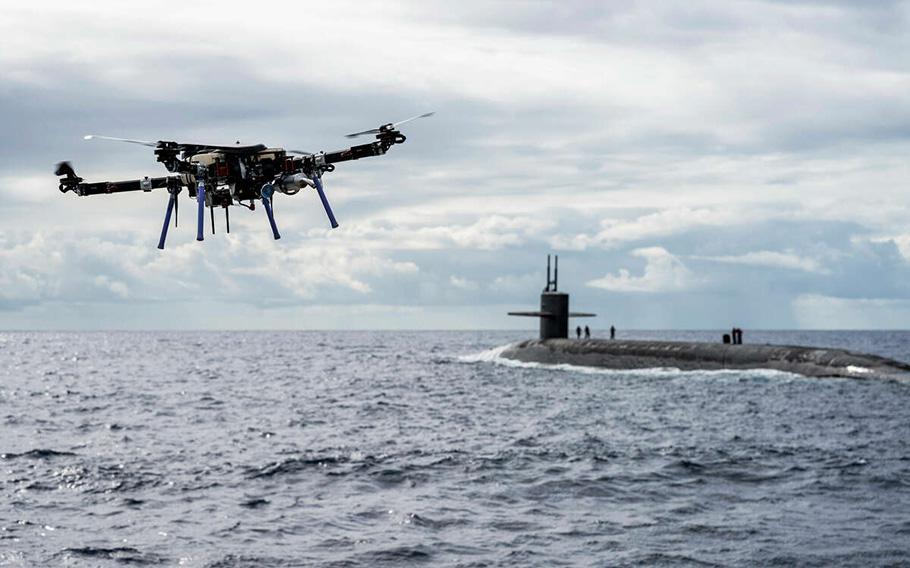 A drone en route in October 2020 to the USS Henry M. Jackson off Hawaii. 