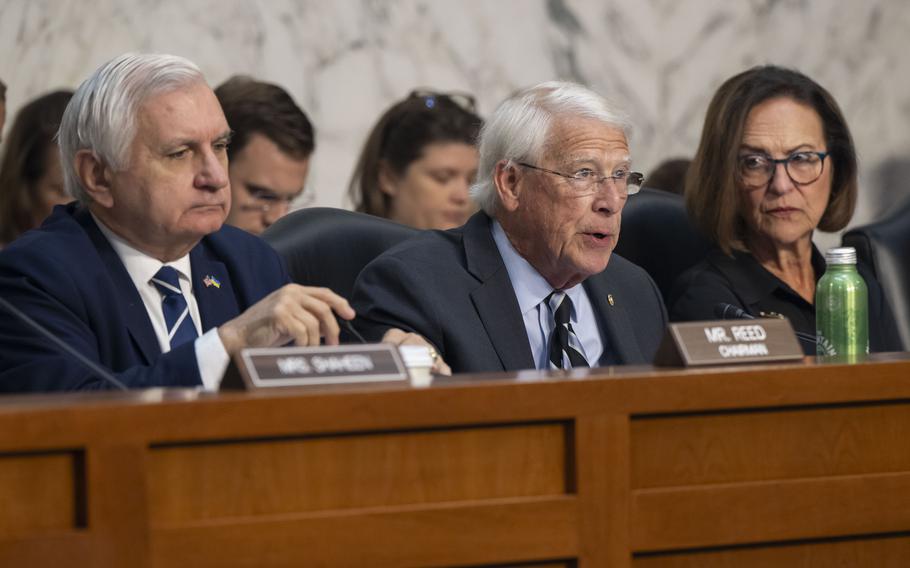 Sen. Jack Reed, Sen. Roger Wicker and Sen. Deb Fischer in a Senate meeting. Wicker, a former Air Force officer, won reelection and is set to become the next chairman of the Senate Armed Services Committee.