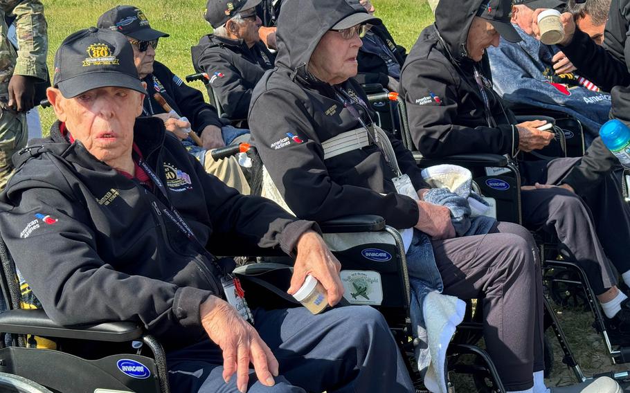 Members of a group of nearly 70 World War II veterans flown to France for the 80th anniversary of the D-Day landings visit Omaha Beach on June 4, 2024.