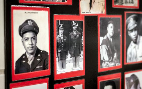 A grouping of black and white photos of Tuskegee Airmen.