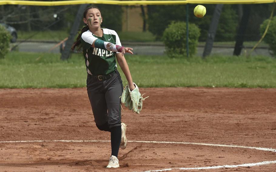 Naples freshman Ariana Lopez throws a pitch against Alconbury during the European championships on May 22, 2024, at Ramstein Air Base, Germany. Naples won the game 13-1.