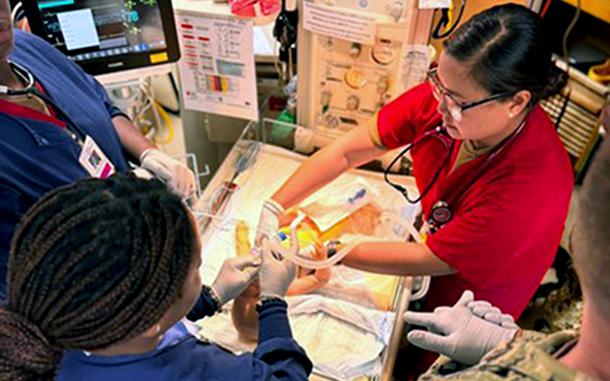 Lt. j.g. Vanessa Bernales, a nurse assigned to U.S. Naval Hospital Rota, practices neonatal resuscitation during an emergency response exercise Nov. 6, 2024. The hospital in Spain is again delivering babies after referring pregnant women to off-base providers for more than a month.