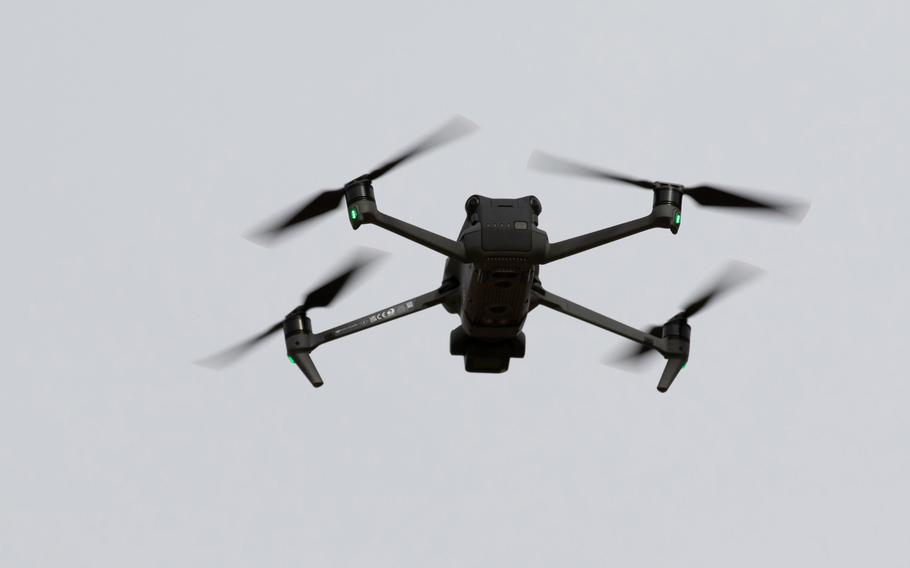 A drone hovers above the Joint Multinational Readiness Center in Hohenfels, Germany.