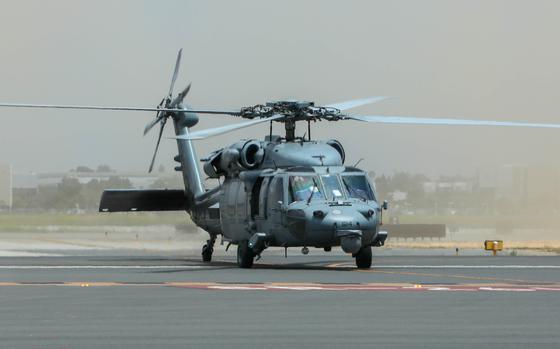 A Navy MH-60S Seahawk lands at Long Beach Daugherty Field Airport during Los Angeles Fleet Week on May 22, 2024.