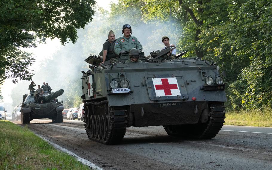 Reenactors participate in the Tanks in Town event in Mons, Belgium