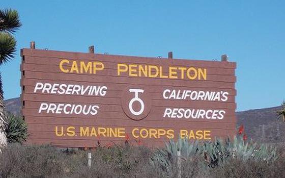 In an undated photo, the sign for Marine Corps Base Camp Pendleton, California, posted along Interstate Highway 5 reads, 'Preserving California's Precious Resources.' Camp Pendleton is the premier Fleet Marine Force training base on the West Coast. (Courtesy Photo)