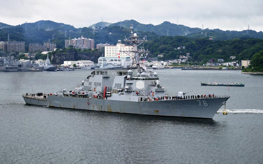 The guided-missile destroyer USS Higgins departs Yokosuka Naval Base, Japan, on May 16, 2024.