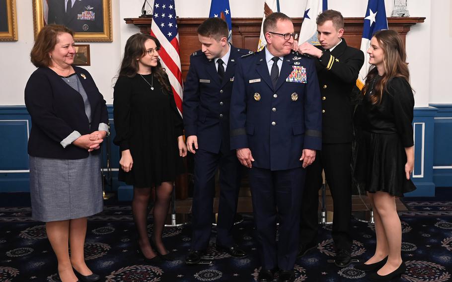 After being promoted to the position of Air Force Vice Chief of Staff, Gen. James Slife’s family pins his new rank on his uniform during his ceremony at Joint Base Anacostia-Bolling, Washington, D.C., Dec. 29, 2023.