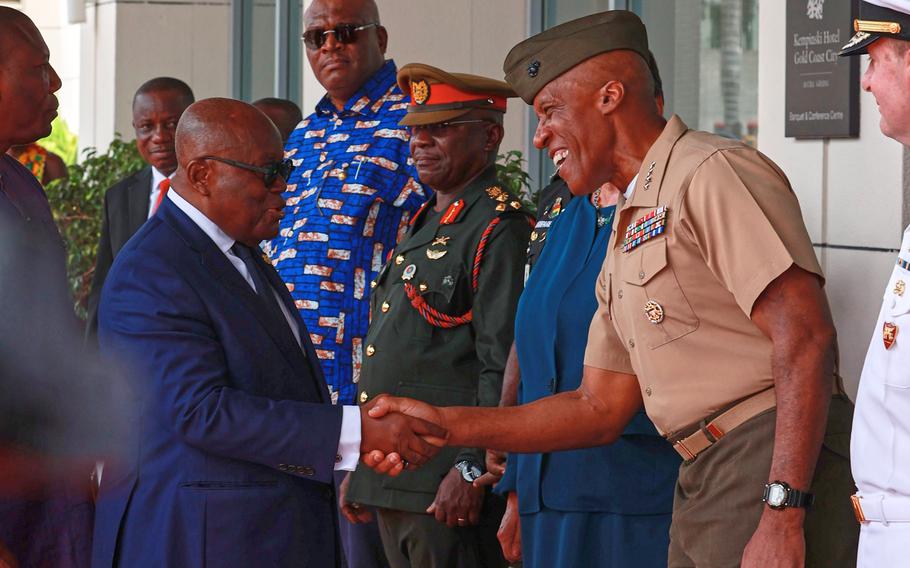 Ghanian President Nana Akufo-Addo, left, shakes hands with Marine Corps Gen. Michael E. Langley, commander, U.S. Africa Command, at the African Maritime Forces Summit and Naval Infantry Leadership Symposium - Africa in Accra, Ghana, on April 30, 2024. 