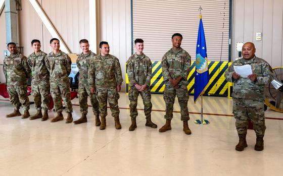 Chief Master Sgt. Nicholas Gascon of the 857th Aircraft Maintenance Squadron speaks at Nellis Air Force Base in Las Vegas on Aug. 26, 2024. Seven airmen from the base were honored with a coin for pulling off a rescue at Utah's Zion National Park earlier in the month.