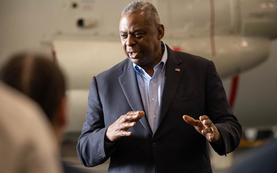 Secretary of Defense Lloyd Austin speaks with sailors aboard the USS Gerald R. Ford on Dec. 20, 2023.