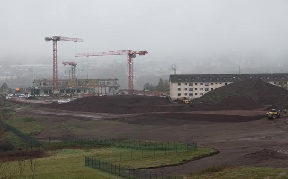 A new elementary school, left, being built on Wetzel Kaserne in Baumholder, Germany, Nov. 14, 2024. The dirt in the foreground is where dozens of townhouses are to be built to accommodate troops moving to Baumholder.