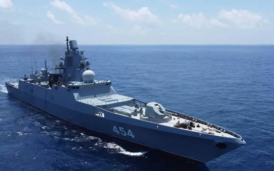 APRIL 7, 2023: The Russian frigate Admiral Gorshkov holds exercises in the Red Sea in April 2023. 