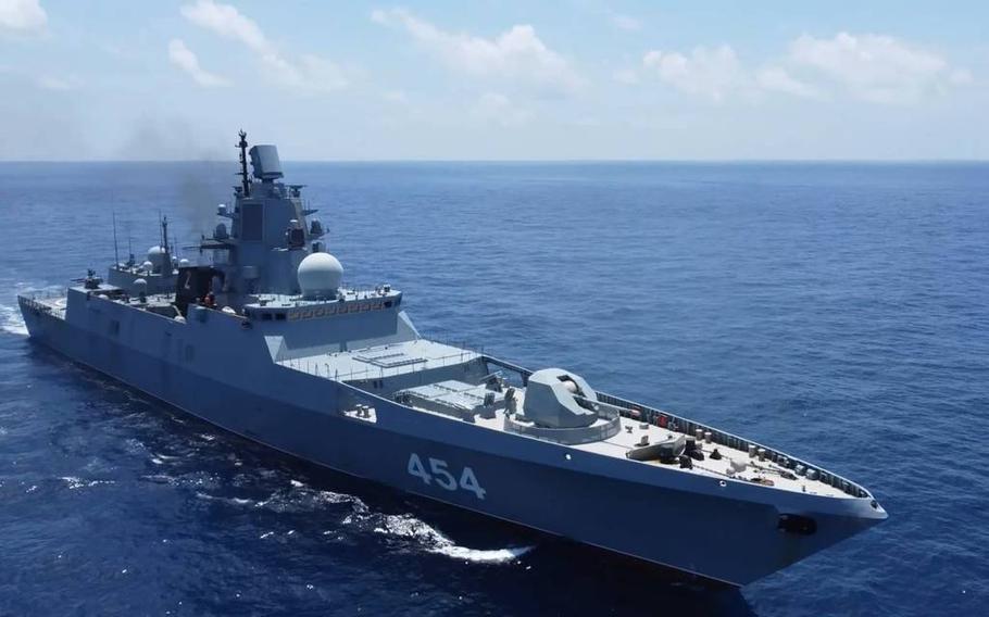 The Russian frigate Admiral Gorshkov holds exercises in the Red Sea in April 2023. 