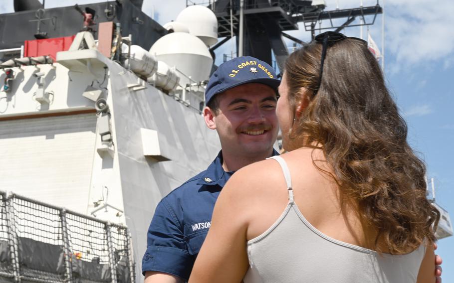 Crew members from the U.S. Coast Guard Cutter Waesche reunite with family and friends after returning to their Base Alameda, Calif., on Sunday, Aug. 11, 2024, following a 120-day Indo-Pacific patrol. 