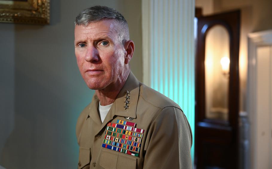 Marine Corps Gen. Eric M. Smith poses for a portrait at his residence at Marine Barracks Washington on Thursday.