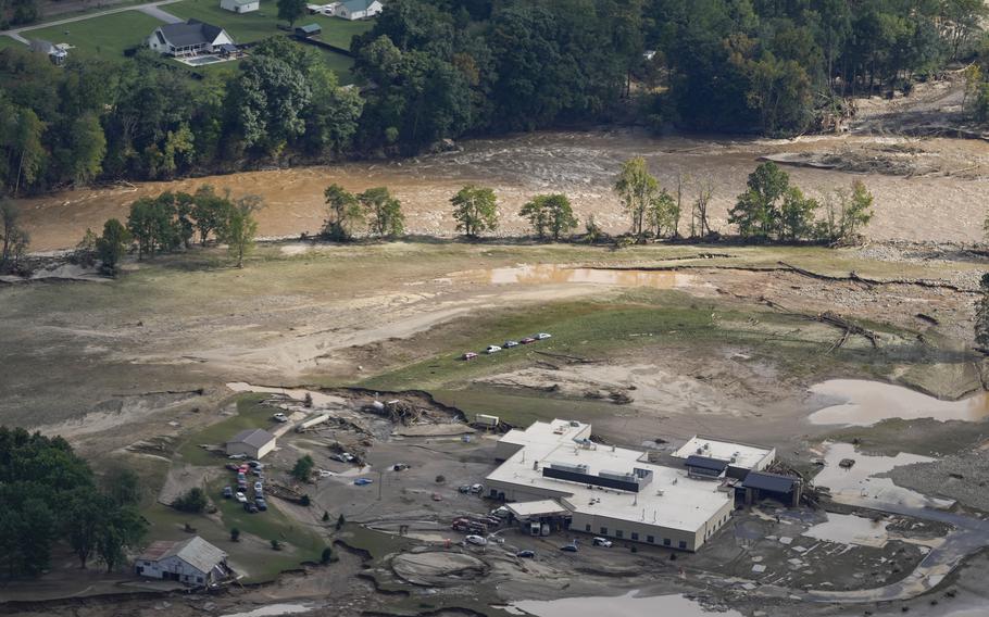 An aerial view of flood-damaged Unicoi County Hospital in Erwin, Tenn.