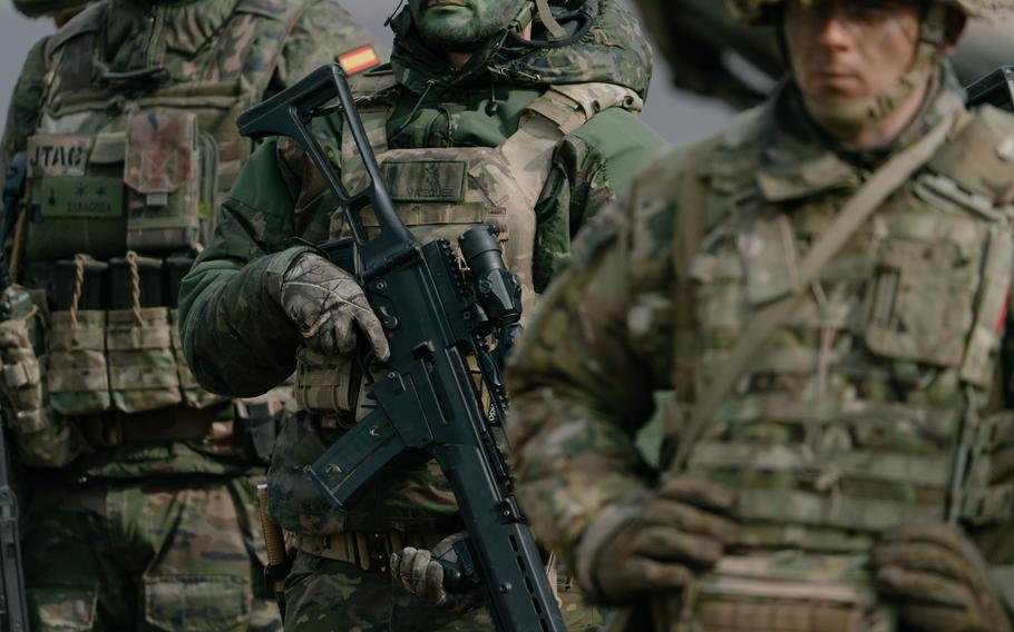 Spanish soldiers during a North Atlantic Treaty Organization’s Allied Reaction Force training in Smardan, Romania, on Feb. 19. 