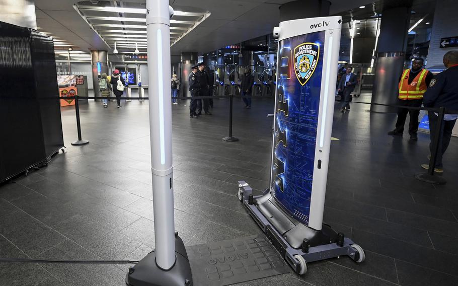 Weapons detectors that can be deployed at subway entrances are displayed during a news conference in New York.