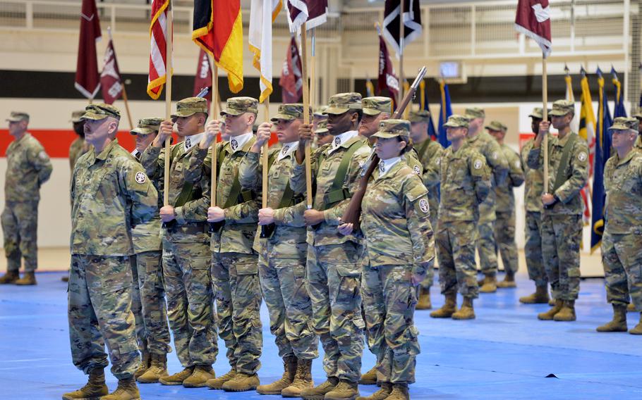 The Medical Readiness Command, Europe color guard stands in formation at the units change of command ceremony in Sembach, Germany, Oct. 26, 2023. Brig. Gen. Roger Giraud took the reins from Brig. Gen. Clinton Murray at the ceremony.