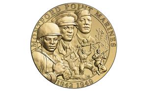 A bronze duplicate of the front image of the Congressional Gold Medal awarded to the Montford Point Marines in 2011 and presented in 2012. (U.S. Mint)

