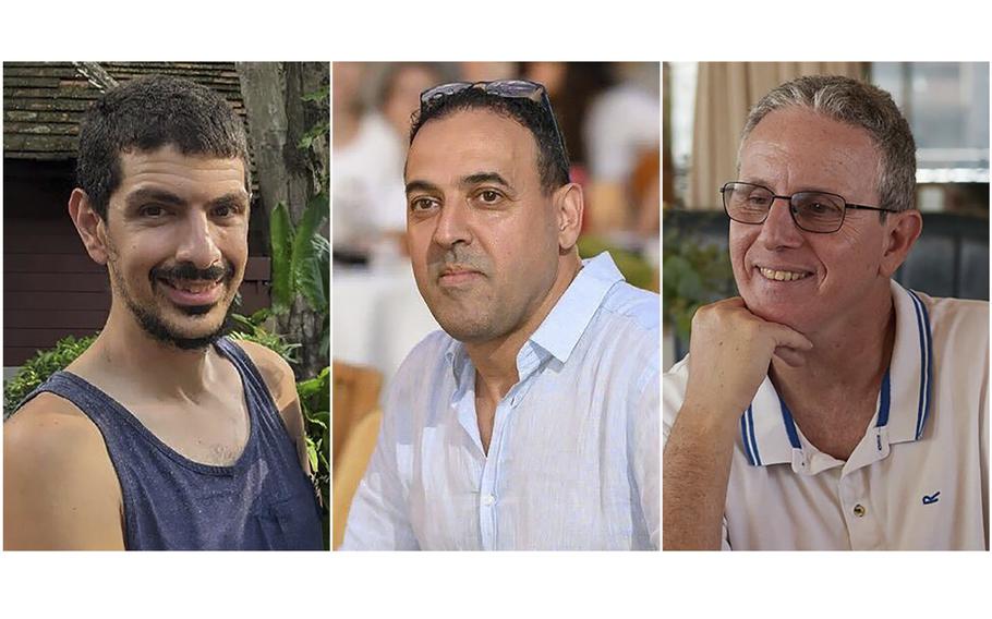 Side-by-side images of three Israeli men being held hostage in the Gaza Strip.