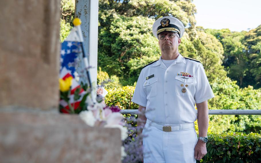 Rear Adm. Carl Lahti, commander of U.S. Naval Forces Japan, lays a wreath at Gyokusenji, a Buddhist temple in Shimoda, Japan, May 17, 2024. The service was part of the city's 85th annual Black Ship Festival.
