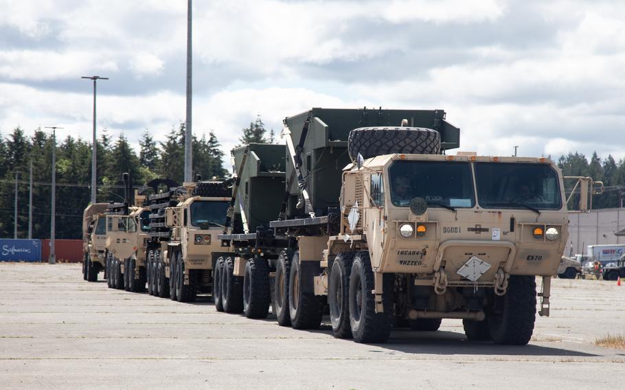 Military vehicles from the 16th Combat Aviation Brigade, 7th Infantry Division, are staged in a line before undergoing the Army’s Rapid Removal of Excess program at Joint Base Lewis-McChord, Wash., on June 18, 2024. The program allows units to receive immediate property accountability relief for excess equipment, enabling them to focus on new equipment fielding without the burden of obsolete material.