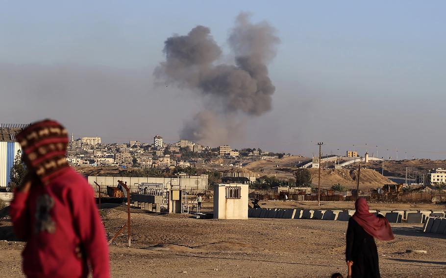 Smoke rises over southern Gaza following an Israeli airstrike near Rafah on May 7, 2024.