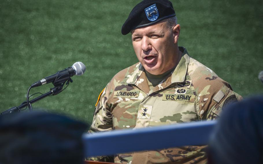 Maj. Gen. Charles Lombardo, incoming 2nd Infantry Division commander, speaks during a change of command ceremony outside the 2nd Infantry Division Headquarters at Camp Humphreys, South Korea, on June 21, 2024. 