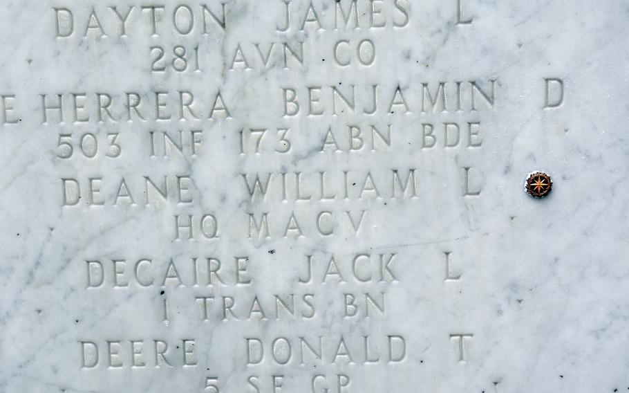 The name of Army Lt. Col. William Deane, who went missing during the Vietnam War, received a bronze rosette during a ceremony at the National Memorial Cemetery of the Pacific in Honolulu on Sept. 20, 2024. The rosette indicates his remains have been accounted for.