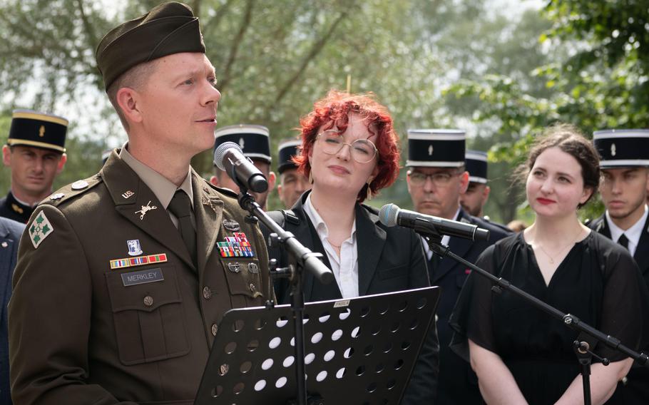 Army Lt. Col. Clayton Merkley, whose granduncle 2nd Lt. John Lundberg was killed in World War II, speaks at a ceremony in Épagne-Épagnette, France, Saturday, June 22, 2024. Lundberg and his aircrew were honored with a memorial near the site where their bomber was shot down. 