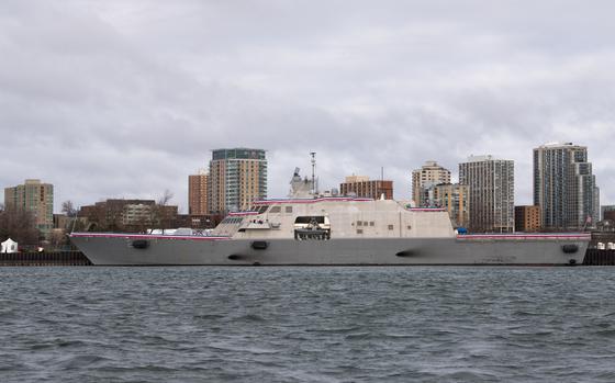 The littoral combat ship USS Beloit in the waters before the skyline of Milwaukee, Wisconsin, Nov. 22, 2024.