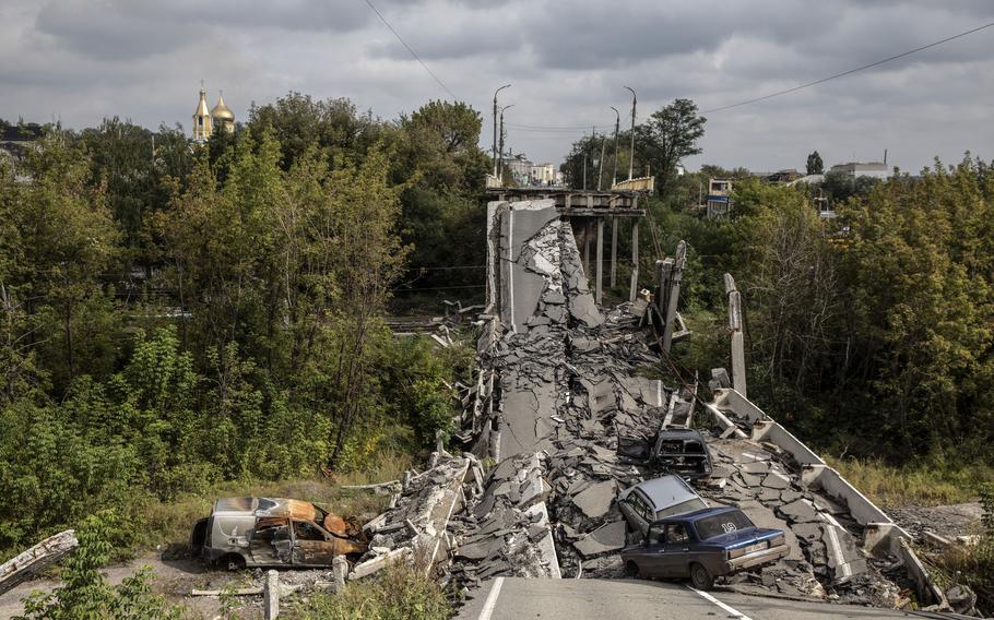 The remains of bridge east of the city of Kharkiv in Kupyansk, Ukraine, on Sept. 16. 