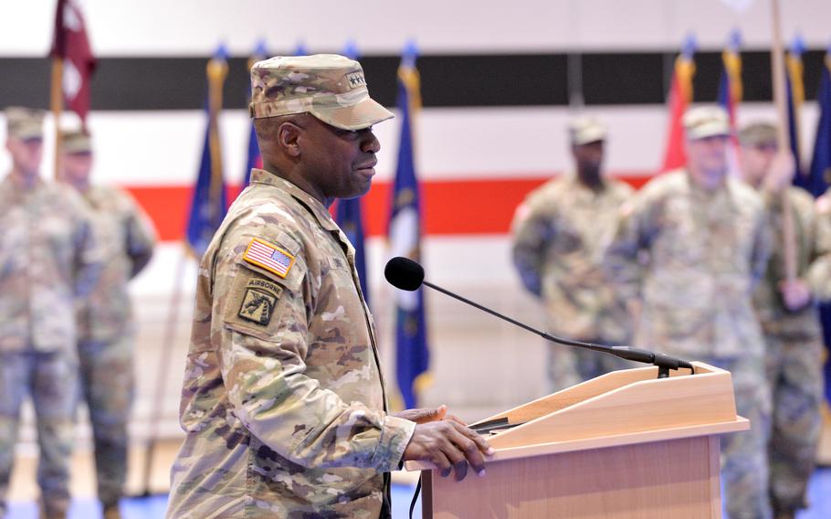 Lt. Gen. R. Scott Dingle, Surgeon General of the Army and head of U.S. Army Medical Command speaks at the Medical Readiness Command, Europe change of command ceremony at Sembach, Germany, Oct. 26, 2023. Brig. Gen. Roger Giraud took over from Brig. Gen. Clinton Murray.