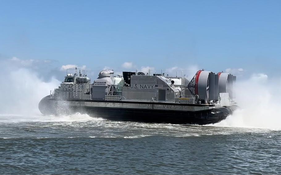The Navy's next-generation landing craft No. 108 from Textron Systems, shown here during acceptance trials in September 2023. A Government Accountability Agency report this week cited the ship program as an example of the slow way in which the Pentagon acquires weapons systems.