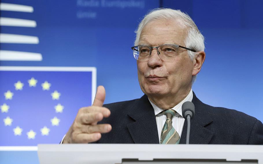 Josep Borrell speaks following a Foreign Affairs Council and Defense Ministers meeting in Brussels on March 21, 2023. Foreign ministers of the E.U., meeting in Stockholm on Friday, May 12, approved the main principles in a road map for future ties with China proposed by the bloc’s foreign affairs arm, which Borrell heads.