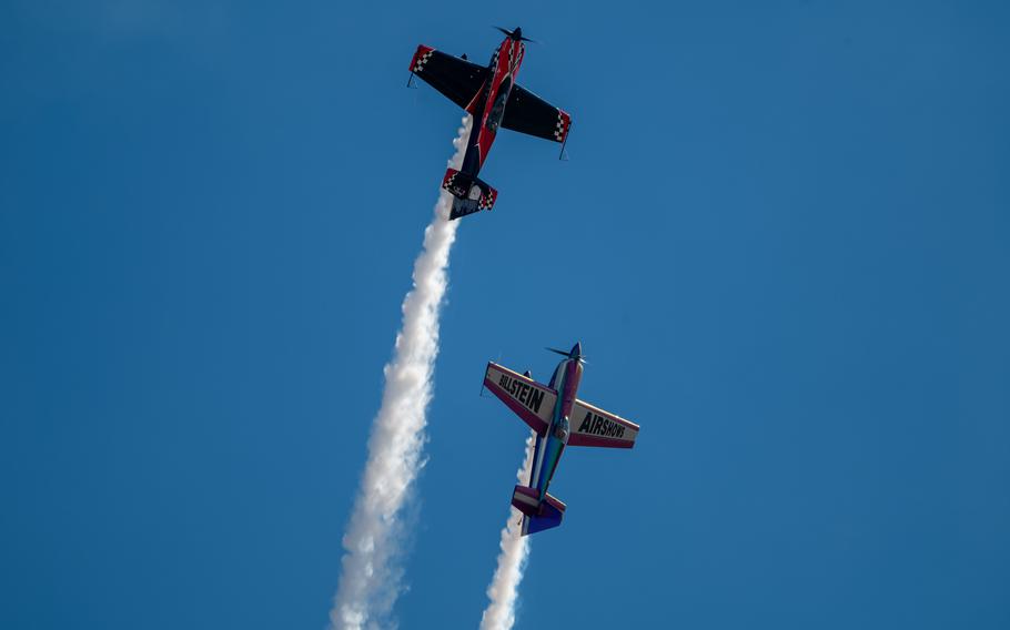 Aerobatic pilots Rob Holland and Bill Stein perform stunts during the Warriors over the Wasatch air show at Hill Air Force Base, Utah, June 29, 2024.
