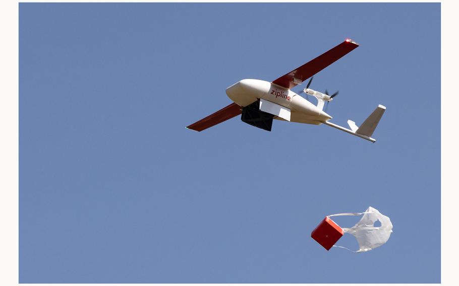 A Zipline drone delivers medical supplies at a hospital on June 30, 2022, in Rwinkwavu, Rwanda. 