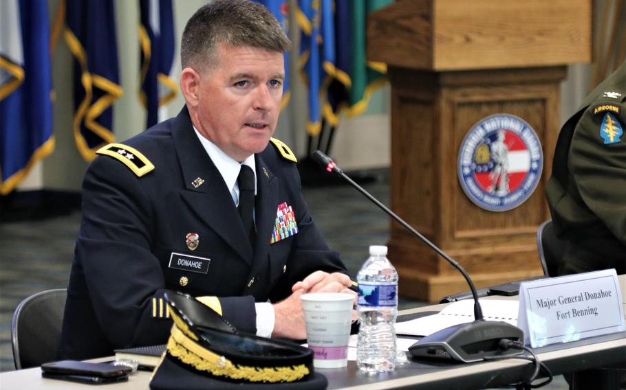 Retired Army Maj. Gen. Patrick Donahoe, pictured in a 2021 file photo at Clay National Guard Center in Marietta, Ga., was once criticized for engaging in a social media debate defending female soldiers. The conservative policy document Project 2025 advocates ending the military's official use of social media in most cases.