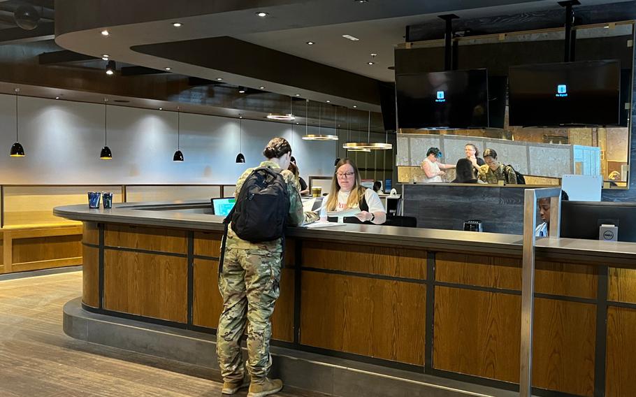 An airman visits the customer service counter of the newly relocated UTAP/VAT office in the Ramstein Enlisted Club, Building 2140. The office now accepts walk-ins, eliminating the need for appointments.