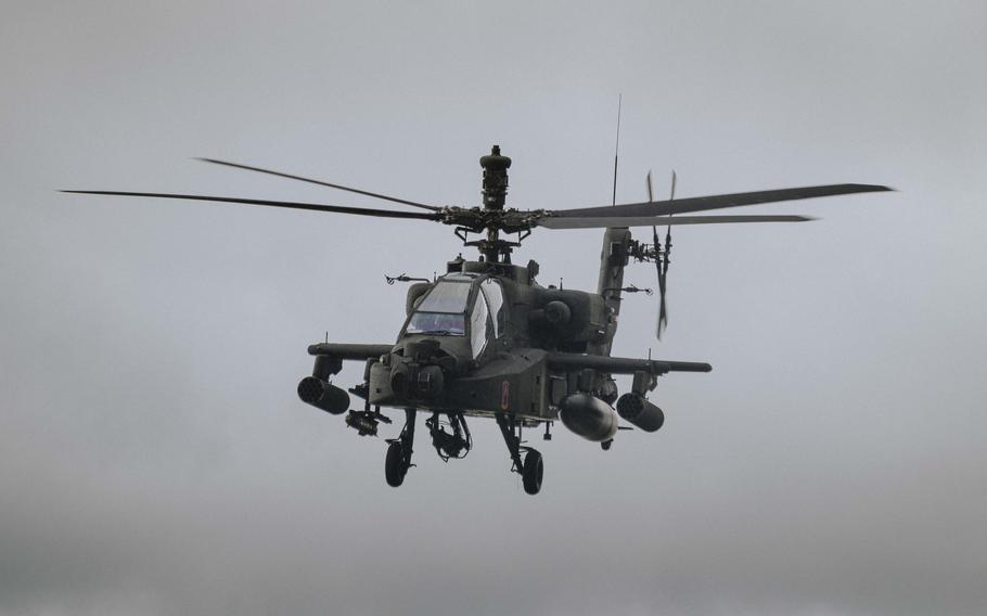 Apache helicopters with the 12th Combat Aviation Brigade conduct live-fire training at Grafenwoehr Training Area in Germany on Sept. 24, 2024.