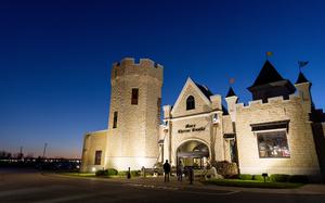 The tan, turreted exterior of the store was inspired by castles in Europe.