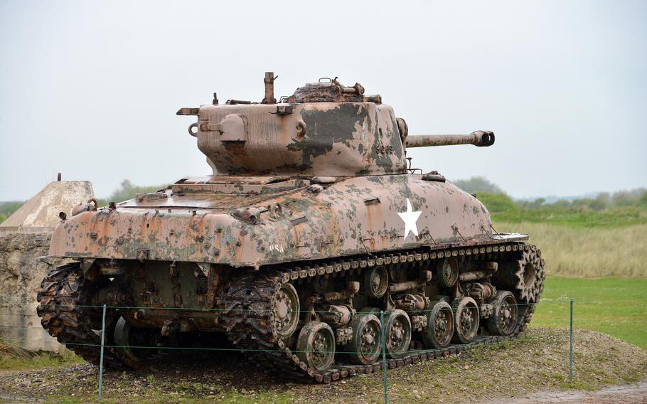 An American tank, looking inland, stands outside the Utah Beach Museum.